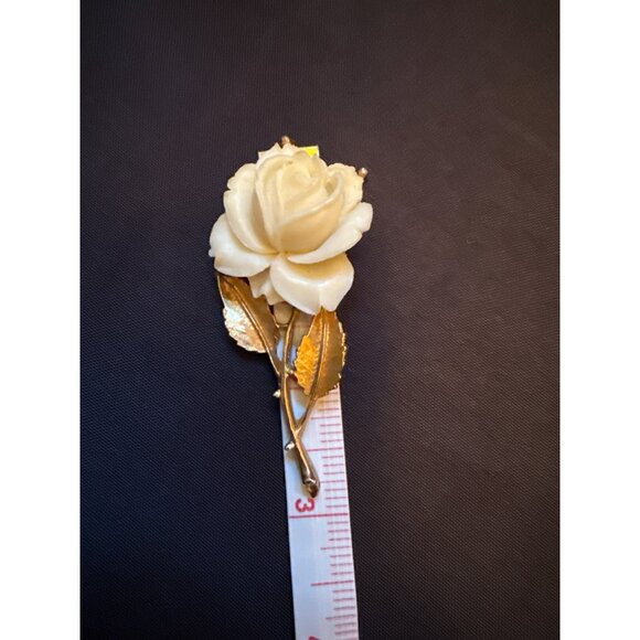 Carved Celluloid Rose Flower Brooch Lapel Pin Dainty Vintage Floral - Picture 2 of 5